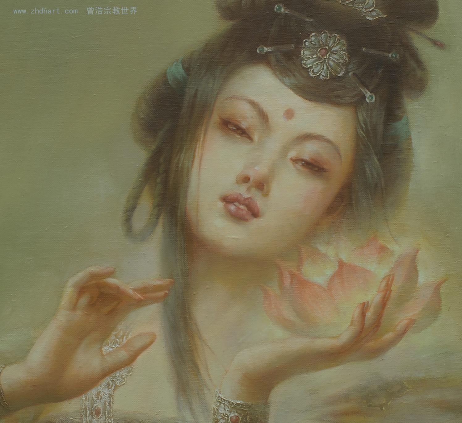 手描き 水彩油画 人物画 曾浩 インテリアアート 約70×100cm 曾浩敦煌飞天油画1