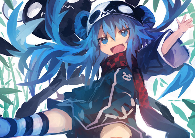 1girldabsurdresanimalearsarmupbambooblueeyesbluehair