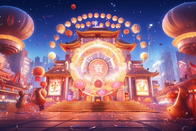 新春素材科技感城市春节新春插画场景