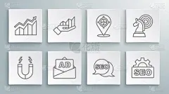 设置线磁铁，饼图信息图，广告，SEO优化，目标，棋牌和财务增长图标。向量