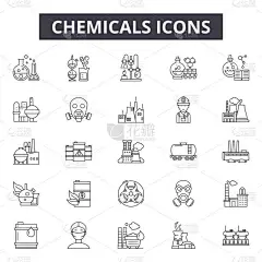 用于 web 和移动设计的化学品线图标。可编辑的行程符号。化学品概述概念插图
