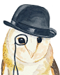 Owl Watercolor PRINT - Barn Owl, Bowler Hat, Monocle, Owl Painting, 8x10 print