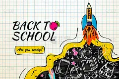 带着火箭和涂鸦回到学校。着陆页模板。矢量插图横幅邀请海报和网站。