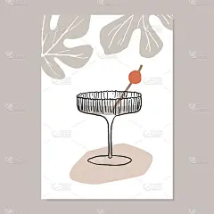 手绘的夏日派对贺卡，邀请与鸡尾酒酒隔离在白色的背景。香槟杯，樱桃和无花果叶。现代插图向量。生日的概念