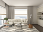 【客厅】：简洁的沙发，柔软的地毯，橙色的几何手推车，打造出温暖的居室氛围。