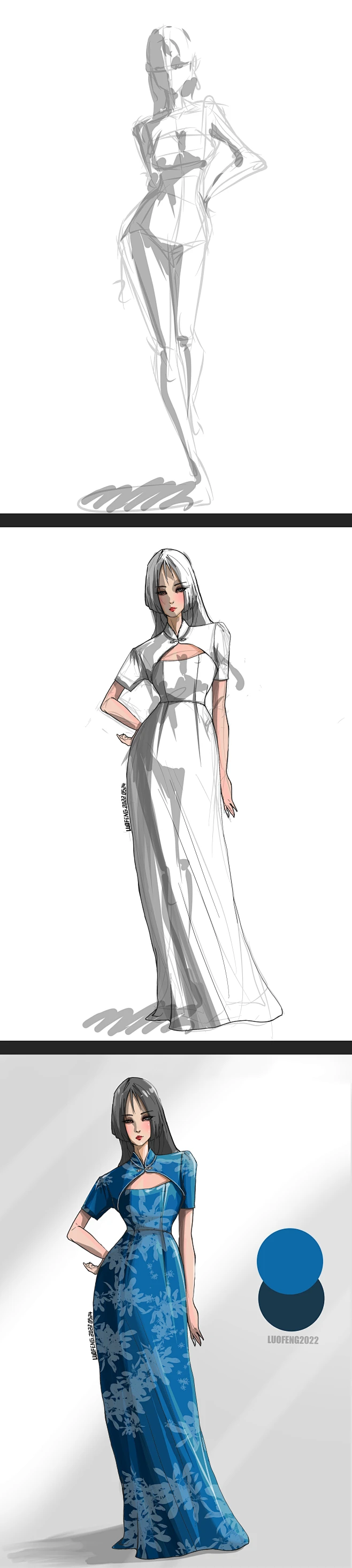 服装设计手绘图 效果图 模特插画 人体比例 漫画动漫人物风格线稿 旗袍灵感 配色 素材 原创-花瓣网