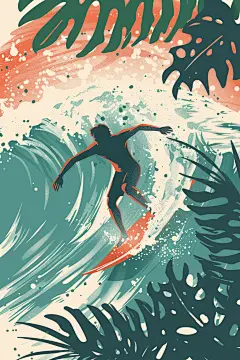 扁平风冲浪夏天彩色插画