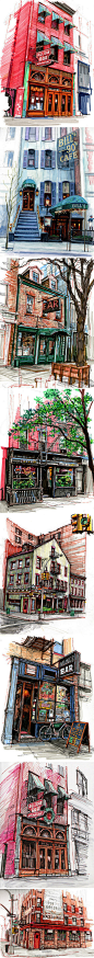 艺术家Stephen Gardner用他的彩笔记录下来一座又一座他光顾过的酒吧和咖啡馆，画面非常纪实并具有场景感，仿佛诉说着每个酒吧或咖啡馆曾经发生的故事。http://www.sinansj.com/ #插画# #设计师作品推荐# #水彩# #素描#