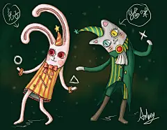 画弦  的插画 兔子与猫咪的魔术表演