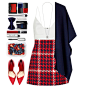 A fashion look from December 2015 featuring gauze tops, wool poncho and red a line skirt. Browse and shop related looks.