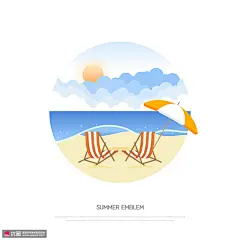 云海太阳海滩躺椅遮阳伞风景插画 风光建筑 风景插画