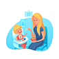 Mother feeding toddler with spoon illustration. parenting, motherhood  illustration. baby boy sitting in highchair, eating infant nutrition  clipart. young mom with child cartoon characters