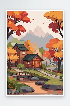 卡通秋季山间小木屋景色插画