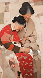 "30 years old youth curled sideways tenderly embracing 50 years old grandmothers head-to-toe in compositions forming a 'taiji symbol shape', created by collaging and stitching together diverse coarse fabrics."Asian 。 The style is unsophisticated