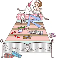 韩国卡通插画女孩 坐在床上打手机的短发女孩