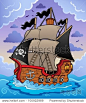 Pirate ship in stormy sea - vector illustration.