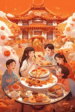 新年主题龙年除夕夜年夜饭插画