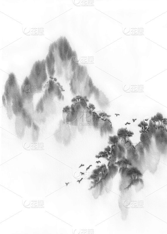 背景与山脉。墨山风景。山在雾中。山上有树...