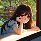 Anime 2048x2048 anime girls anime edit dark hair orange eyes long hair looking at viewer trees window house AI art