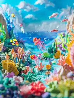 美丽彩色海底世界透明水母3D微缩景观场景插图海报midjourney关键词咒语