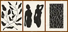 三套抽象极简主义美学背景与细线，花卉图案，植物，女人。时尚的彩色矢量插图的社交网络，网页设计在复古波