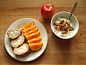 whole wheat baguette with earth balance, naval orange, ambrosia apple, and coconut dessert tofu with almonds