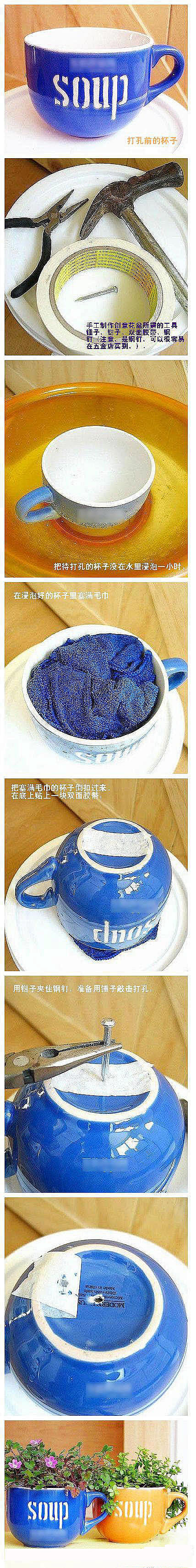 茶杯变小花盆——这个给瓷杯打孔的办法不错...