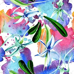 蓝色罕见的兰花。花植物学花。野生的春天叶。水彩插图集。水彩画时尚水族馆隔离。无缝的背景模式。织物壁纸