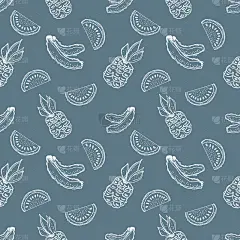 无缝的矢量模式。手绘水果插画香蕉，菠萝，西瓜线描。打印墙纸，背景，表面，织物，装饰