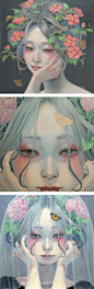 【日本插画家平野実穂|平野美保Miho Hirano唯美小清新风格插画作品欣赏】植物花卉缠绕淡雅头发发丝