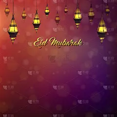 开斋节穆巴拉克紫色Bokeh广场背景与伊斯兰灯笼灯模板广告。