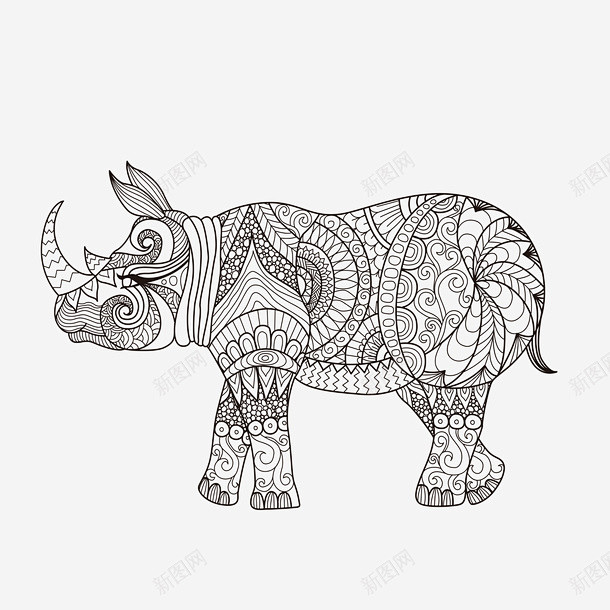 绘画花纹犀牛矢量图 黑色线条 元素 免抠...