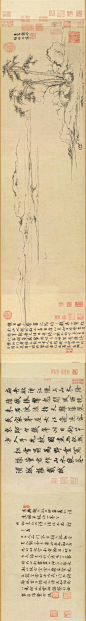 #水墨山水#【 元 赵孟頫 《双松平远图》 】卷，纸本墨笔，26.7×107.3cm，美国大都会艺术博物馆藏。 图中近景画苍松立于怪石枯木之中，远景写平坡矮山。写山石空勾轮廓，不加皴染，间有飞白。画双松则用细笔双钩，简约古雅。