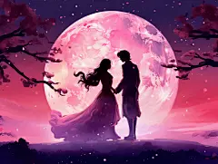 七夕七夕情侣相会剪影唯美手绘插画梦幻场景海报人物插画情人节
