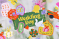 Wedding day decoration stuff : Wedding day icons set. Decorations for marriage ceremony. White dress, suit, cake, golden rings, invitation, dove, music, love letter, bouquet, violin, car with balloons, hearts, flags, gift