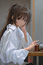 Anime 2718x4096 anime anime girls camera women sitting looking at viewer women indoors indoors brunette long hair blouse white blouse white clothing brown eyes