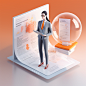 Document analysis dashboard and contract paperwork word, a female lawyer stands in front of a huge iphone, all elements on a white glass opaque round base, Microsoft style design, isometric design, orange and white glass , detail, precision, industrial de