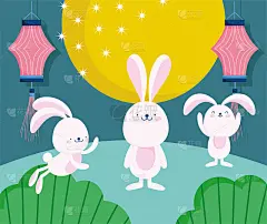 15、中秋快乐，可爱兔圆月灯笼自然，祝福幸福美满