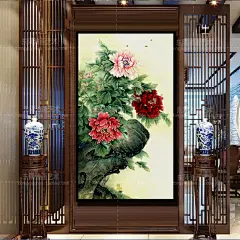 东隅油画手绘新中式玄关装饰画走廊有框挂画客厅工笔墙画富贵牡丹-淘宝网