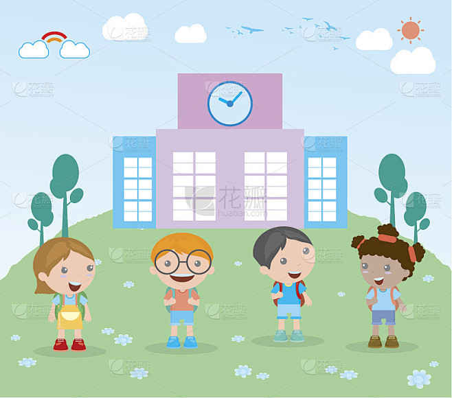 孩子们去上学，再去上学，可爱的卡通孩子，