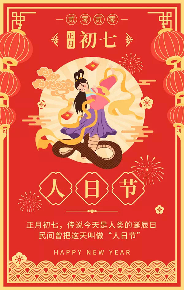 卡通手绘2020正月初七人日节手机海报