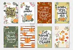 收集手绘病媒图解秋季海报和卡片，用于感恩节和节日问候设计。手写书法字母短语