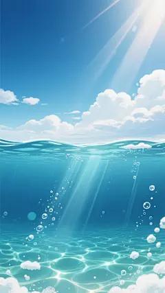 一张数字插画风格的海面与水下交界图，画面上半部分是渐变的深蓝色天空，点缀着几缕白色的云朵，阳光从云层间隙中洒落，形成柔和的光束；下半部分是清澈的海水，阳光透过水面形成波光粼粼的光影效果，水面上漂浮着一些白色的泡沫，水下有许多细小的气泡和水波纹，整体色调以蓝色为主，营造出宁静、清新的氛围，光线变换为柔和的午后阳光，阳光从画面左侧斜射下来，在水面上形成长长的光影，使海水呈现出更深邃的蓝绿色。