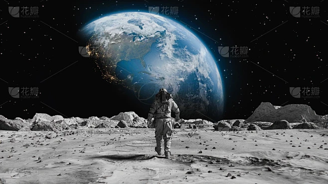 勇敢的宇航员穿着宇航服在月球上自信地走向地球。覆盖在岩石。第一位登上月球表面的宇航员。人类的重大时刻素材-花瓣网