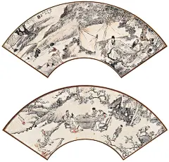 苏六朋——扇面人物画欣赏  |  
苏六朋(1791—1862)，广东顺德人。字枕琴，号怎道人、怎叔、南水村佬、南溪渔隐、浮山樵者、石楼吟叟、南水人、南水渔郎、浮山山人、浮山七十二洞天樵子等。中国清代画家。能书隶草行多种字体;能画山水人物花鸟。宗法赵子昂、唐伯虎、仇十渊、吴伟、黄慎，又亲得罗浮山僧德坤的真传，画技娴熟高超，既能作端秀精细的工笔画，也能作粗毫写意的简笔画。尤善画人物，绘写了不少盲公、卖艺人等市井人物，是广东画坛上独树一帜的画家。