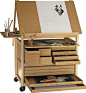 Le Meuble Atelier d’Art est composé de 3 plateaux de travail et de nombreux tiroirs modulables. Le plateau supérieur s'incline à volonté et est réglable en hauteur. Ce plateau devient alors chevalet, table à dessin, écritoire. Le plateau intermédiaire cou