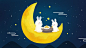 two rabbits sitting on the moon eating food