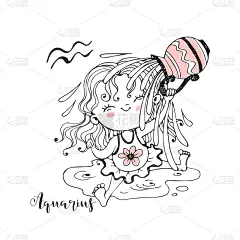 女孩,可爱的,矢量,标志,水瓶座,童年,湿透,湿,涉水