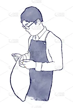 亚洲男人戴眼镜，白色衬衫和围裙系垃圾袋，上身水彩手绘插图，书店职员，家务劳动