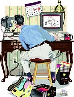 手绘插画家庭工作室电脑绘图望着摄像机的男性背影背影|电脑绘图|购物袋|家庭工作室|老人|男性|拍摄|生活百科|矢量素材|手绘插画